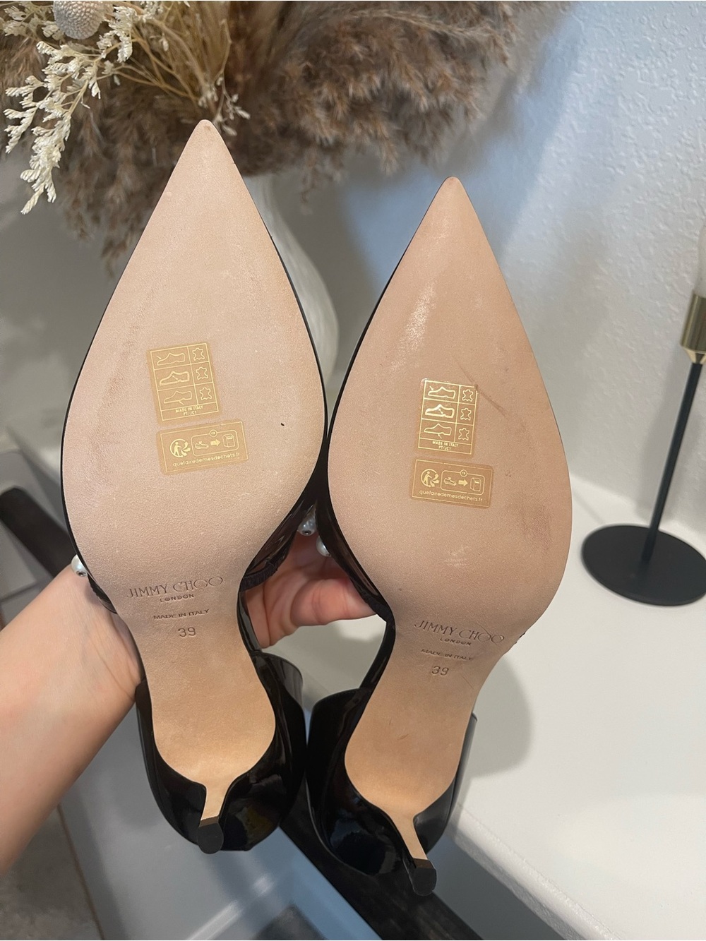Jimmy Choo Black Patent Leather Pearl-Strap Pointed Slingback Heels - Picture 8 of 11